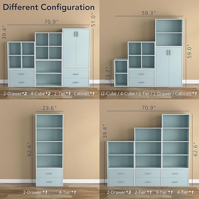 Homes: Inside + Out Apexa 2-Cube Storage Organizer Shelves, Stackable Wood Bookcase Fits Cubby Bins for Organization, Dorm Teen Room Decor & Home Office, Light Blue