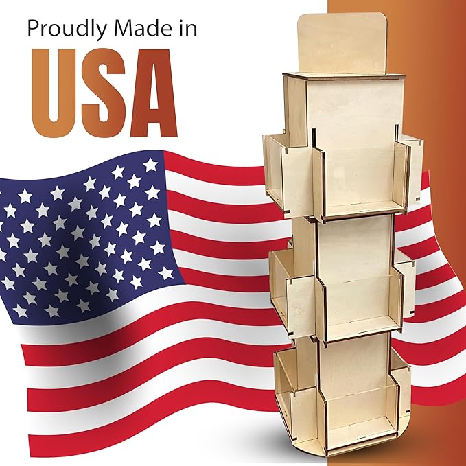 Rotating Greeting Card Display Stand, 3 Tier Wooden Organizer, 4-Sided Display Rack Spinning Multi-Pocket Display for Coasters, Stickers, Retail, Tradeshow - A4, A6, A7, 5"x7", 4 bar (Natural)