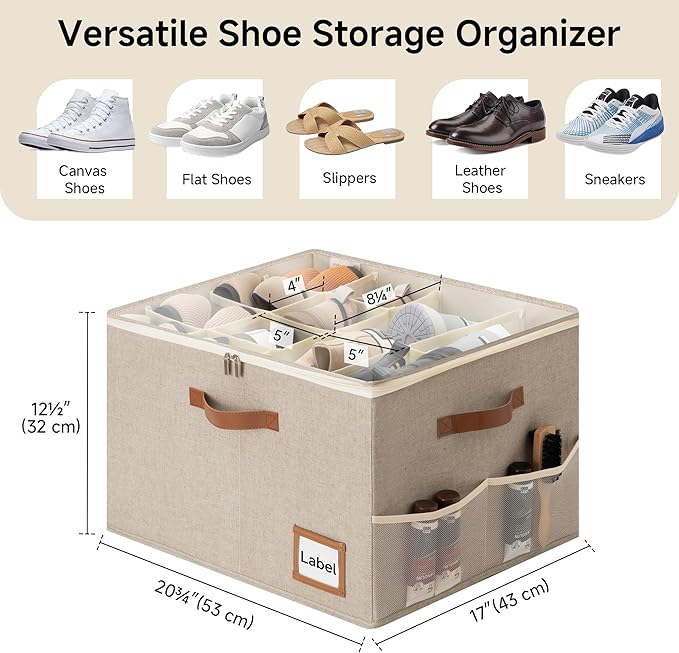 StorageWorks Shoe Organizer for Closet, 2 Pack Shoe Storage Boxes with Clear Lid, Stackable Shoe Storage Organizer for Sandals and Slippers, Fabric Shoe Bins for Closet, Holds 16–32 Pairs, Brown