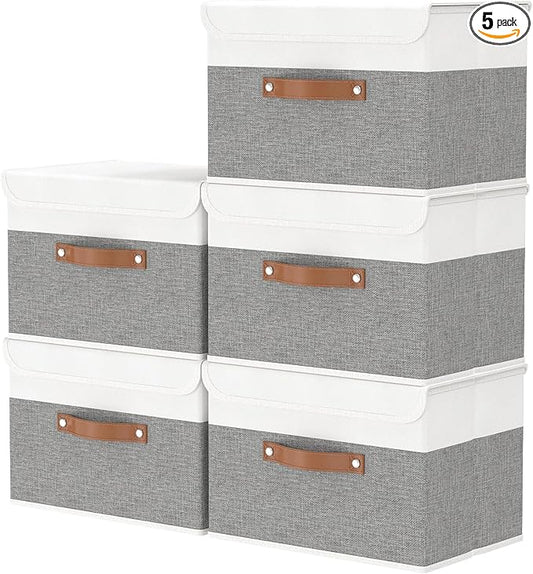 OUTBROS Storage Box with Lid Large, Linen Fabric Wardrobe Containers, Collapsible Organiser For Towels, Clothes, 17.7 x 11.8 x 11.8 inch (White/Grey, 5-Pack)