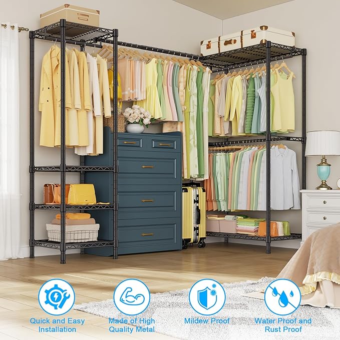 ULIFHOME E10L L-Shaped Clothes Rack for Corner（With Expandable Hanger Rod）Heavy Duty Freestanding Clothing Racks for Hanging Clothes，Portable Garment Rack 58-82"W x 30"D x 72"H，Max Load 900LBS，Black