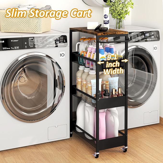 Vincona Slim Rolling Utility Cart, 4 Tier Metal Narrow Storage Cart with Handle and Wood Top, Multifunctional Small Mobile Shelf Unit Organizer Trolley for Laundry, Bathroom, Kitchen