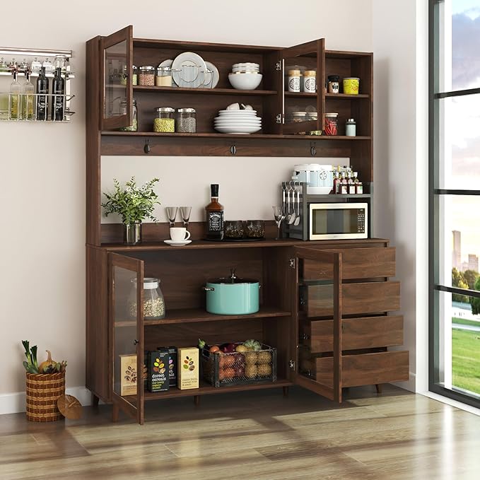 Farmhouse Kitchen Pantry Cabinet, 74.8" Tall Freestanding Cupboard with Multi-Tier Storage Rack and Microwave Stand for Kitchen, Dining Room, Walnut