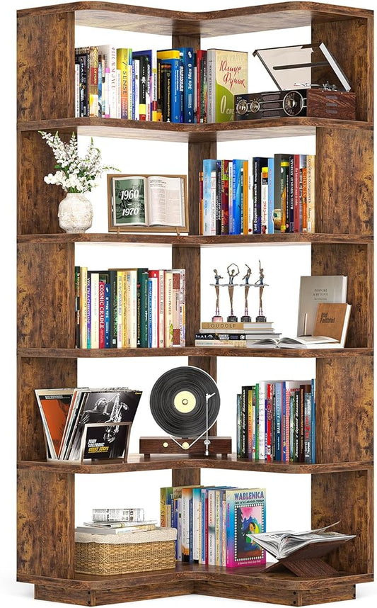 Armocity Corner Book Shelf - 6 Tier Corner Bookshelf Etagere Bookcase with Baffle, Freestanding L Shaped Display Shelf Stand for Home Office, Living Room, Bedroom, Kitchen, Rustic Brown