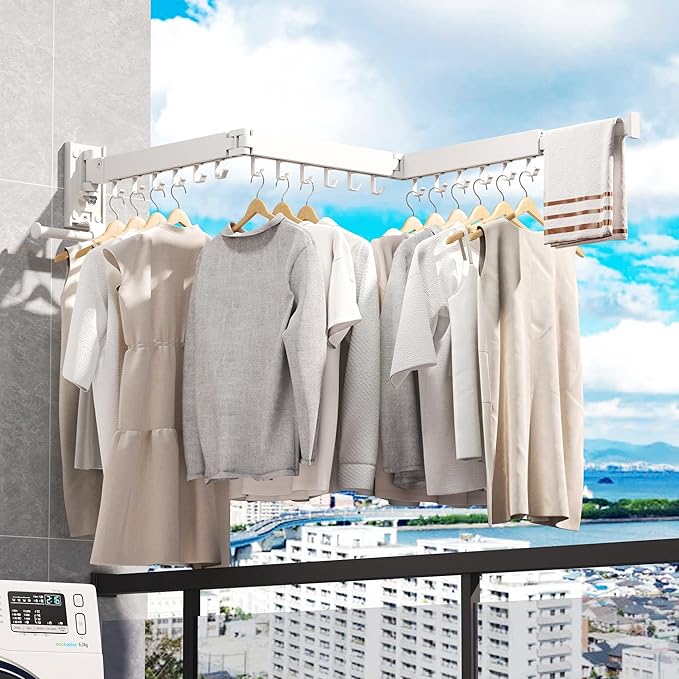 LIENAHU Drying Rack, Wall Mounted Clothes Rack, Aluminum, 220lbs Capacity, Foldable, White