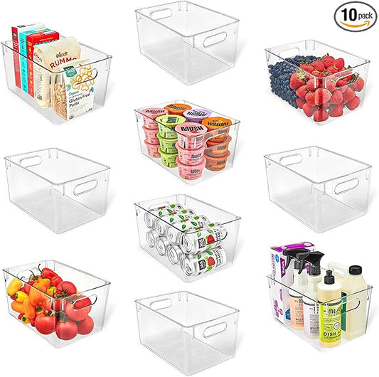 Lifemaster Multi-purpose Refrigerator Bins - 10 pieces Large Capacity Stackable Fridge Bin Organizer with Easy Grip Handles - Clear