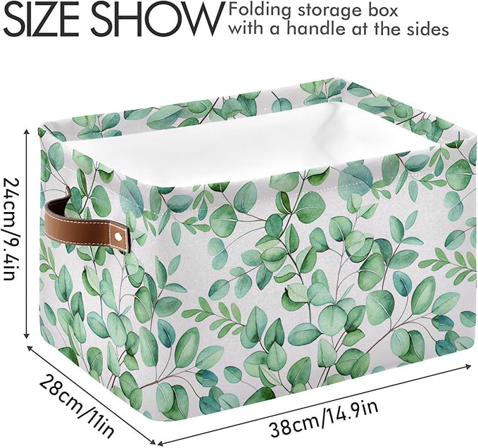 xigua Green Leaves Storage Basket Collapsible Storage Bins Waterproof Canvas Storage Basket with Leather Handles for Home Closets Offices,Bedrooms,Gift Baskets,1PCS