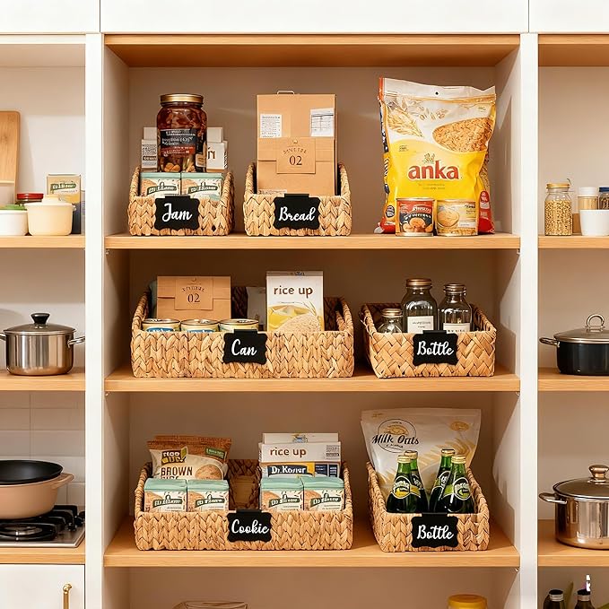 Wicker Baskets for Organizing,Pantry Baskets with Built-in Handles, Handwoven Wicker Storage Basket, Water Hyacinth Storage Bins for Shelves, 3 Pack, Natural 4 Set