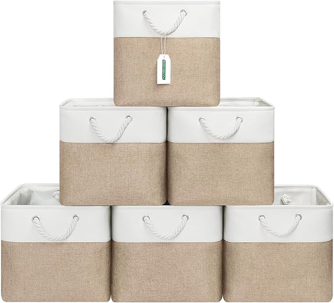 ECDYQXVU 13x13 Inch Cube Storage Bins with Reinforced Bottom Cardboard, 6 Pack Large Foldable Fabric Storage Cubes with Handles for Shelf, Closet, Laundry Organization (White&Khaki)