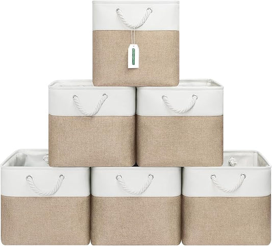 ECDYQXVU 13x13 Inch Cube Storage Bins with Reinforced Bottom Cardboard, 6 Pack Large Foldable Fabric Storage Cubes with Handles for Shelf, Closet, Laundry Organization (White&Khaki)