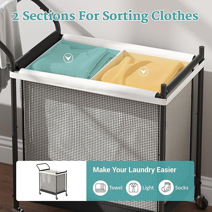 Laundry Hamper with Wheels - 2 Section Laundry Basket 120L, Removable Washable Bags, Height-Fitted Rolling Laundry Cart for Laundry Room & Bedroom