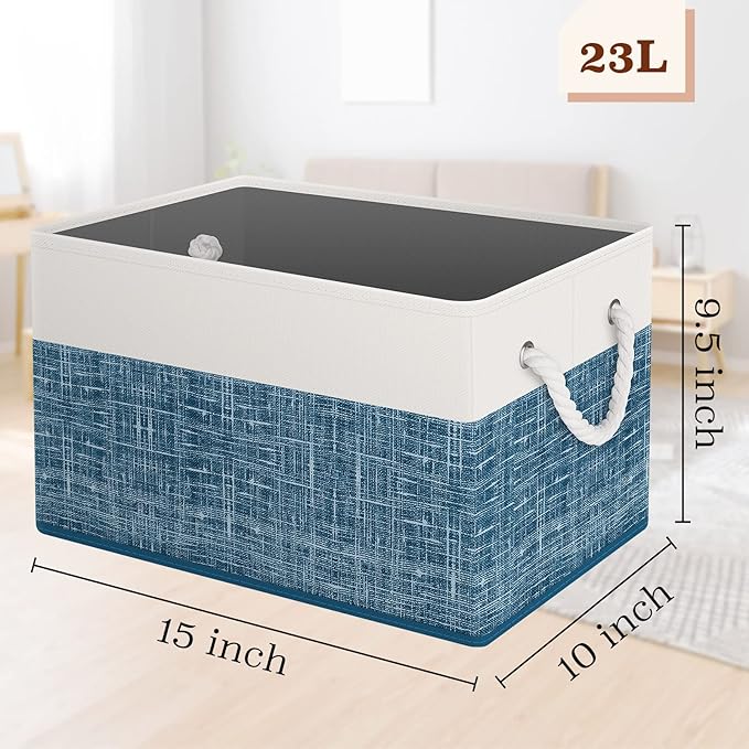 StorageTastic Storage Bin,Collapsible Storage Basket For Organizing,Large Storage Boxes With Rope Handles,Storage Containers,White & Blue,4 Pack