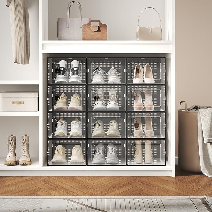 DUMOS Shoe Storage Boxes, 12-Pack Stackable Clear Shoe Containers with Lids, Display Sneaker Case Organizer for Closet, Under Bed, Entryway, Black (Fit Size 11)