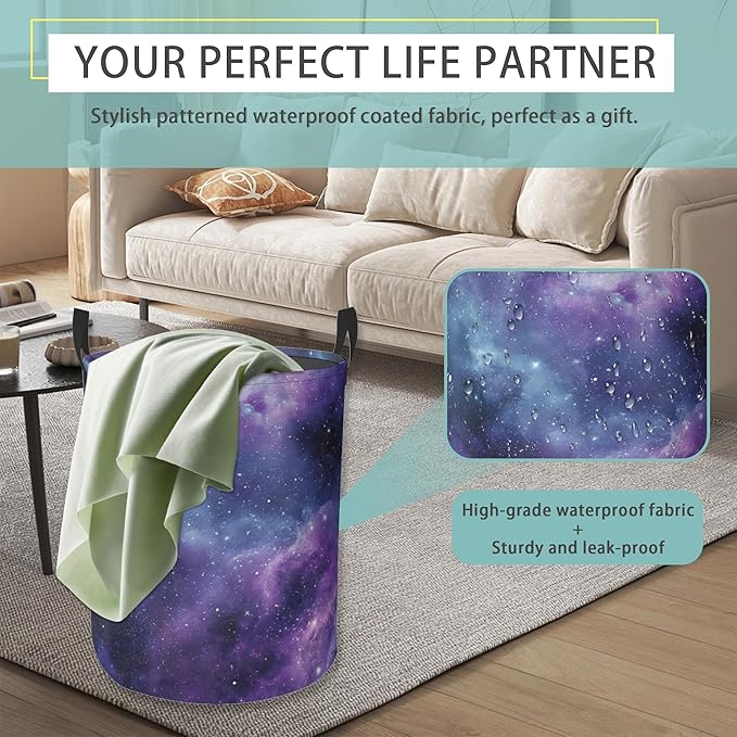 Purple Starry Sky Round Laundry Basket Collapsible Laundry Hamper with Handles Toys Clothes Organizer Bin For Home Bathroom Bedroom Dorm Nursery