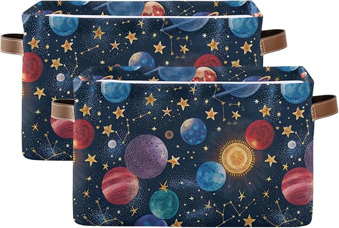 xigua Cartoon Planets Storage Basket Collapsible Storage Bins Waterproof Canvas Storage Basket with Leather Handles for Home Closets Offices,Bedrooms,Gift Baskets,2PCS