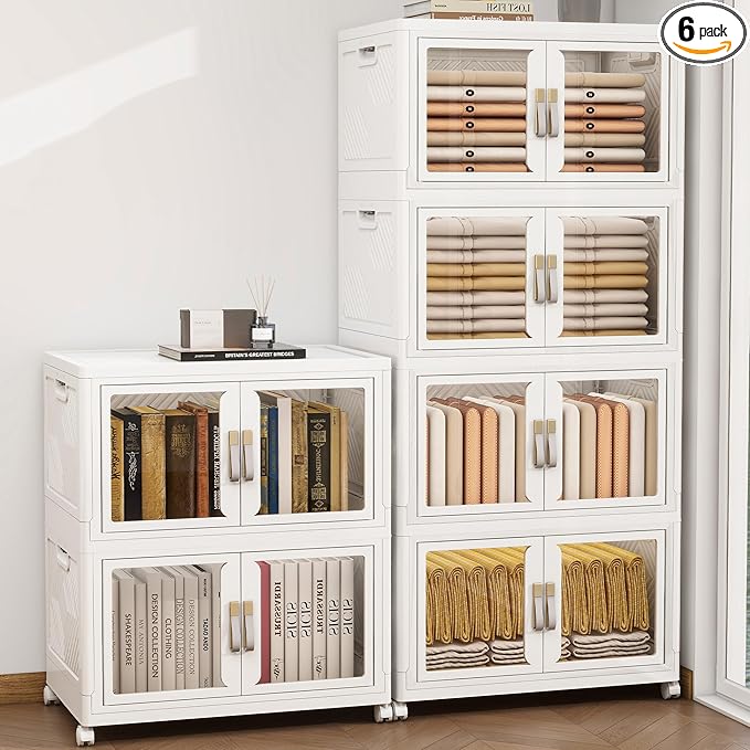 UAMFURI Stackable Storage Bins with Doors & Lids & Wheels, Foldable Collapsible Closet Organizers, Large Storage Cabinet for Bedroom Dorm (6, L)