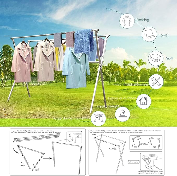 AUGMIRR Clothes Drying Racks Outdoor, 64 Inches Updated Version,Stainless Steel Laundry Drying Rack for Indoor Outdoor and The Balcony,Length Adjustable Saves Space,with Windproof Hooks(64)