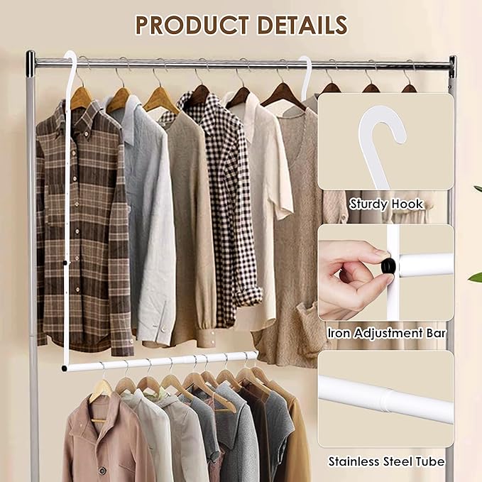 Closet Rod Extenders - White Adjustable Closet Hanging Bar, Width & Height Expandable Clothes Rod, Space-Saving Closet Organizer for Hanging Clothes, Easy Installation, 1 Pack