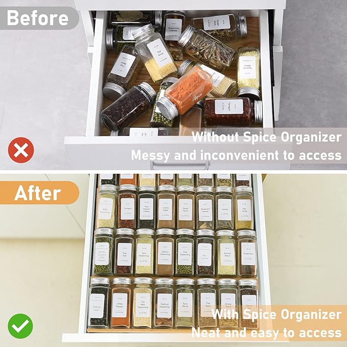 Spice Drawer Organizer with 18 Spice Jars,216 Labels,25 Non-slip Rubber, Bamboo 4 Tier Seasoning Rack Tray Insert for Kitchen Drawers,Cabinets,Countertop,9" Wide x 15.8" Deep