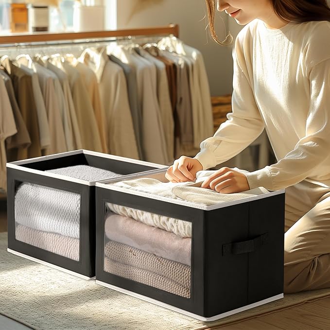 Homsorout Foldable Storage Box with Lid - Closet Storage Organizer with Window, Storage Bins with Lids for Clothes, Fabric Storage Baskets for Shelves, Bedroom, Dorm, Black, 4 Pack