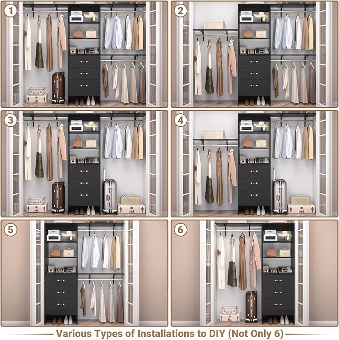 Besiost Closet System with Drawer - 8FT Wood Closet Organizer System with 3 Hanging Rods and Shelving Tower, 96" Walk In Closet Organizer Wardrobe, Heavy Duty Garment Rack Clothes Rack, Black