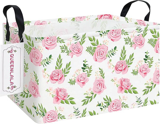 QUEENLALA Rectangular Laundry Hamper/Foldable Nursery Laundry Basket for Organizing/Storage Bin Baskets/Children Toy Office Bedroom/Toy Bin Closet Shelf Baskets (Rec-Pink roses)