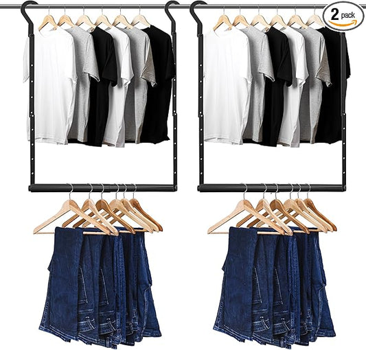 Adjustable Hanging Closet Rod, Heavy Duty Closet Rods for Hanging Clothes, Powder-Coated Black Metal Double Closet Bar, Space-Saving Closet Poles Extender for Clothing Organizer, 2 Pack