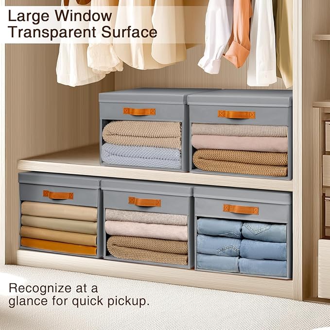 Homsorout Large Storage Bins with Lids - 4 Pack Foldable Decorative Organizers with Clear Windows & Handles, Cube Storage Organizers for Clothes, Blankets, Sweaters, Sheets, Grey