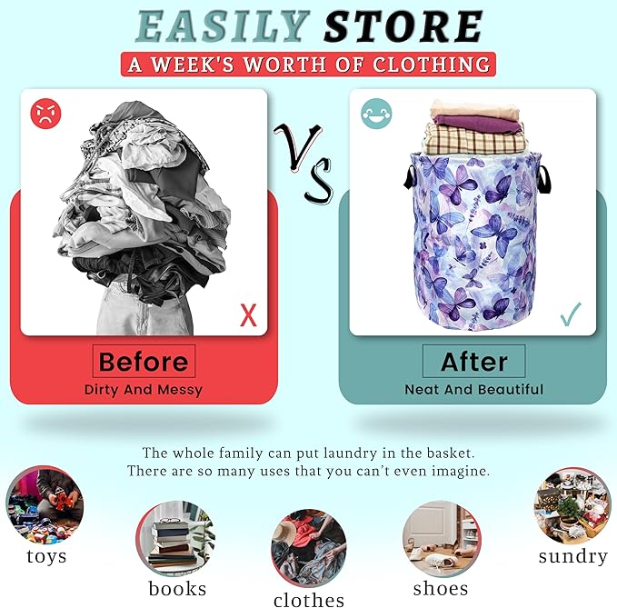 Blue Purple Butterfly Laundry Basket Foldable With Handles Tote Bag Oxford Cloth Colorful Laundry Hamper Clothes Storage Bucket Toy Organizer 18.9" x 16.5" For Bathroom/Laundry/Bedroom