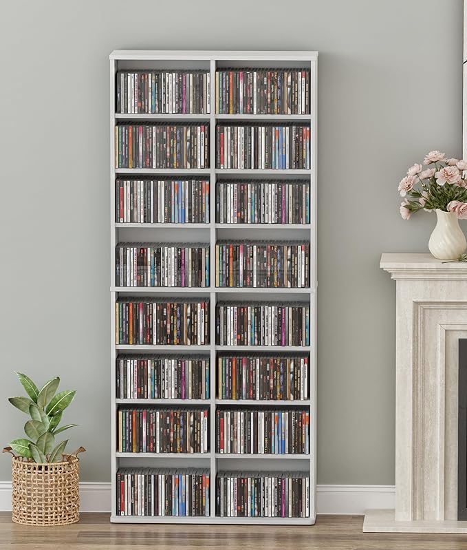 DVD Tower Storage Rack, 16-Shelf Media Storage Shelves with Adjustable Shelves 8-Tier DVD Stand Tower for Living Room Home Office