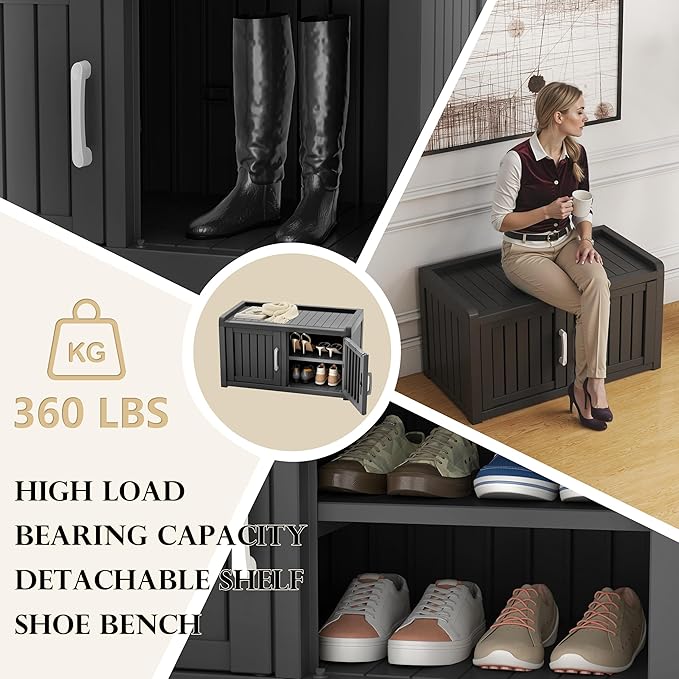 EasyUp Shoe Bench Waterproof,Resin Shoe Cabinet,Outdoor Storage,Industrial Hallway Bench with Adjustable Shelves for Entryway,Living Room,Bedroom(Black,Double Door)