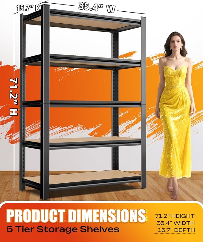 Set of 2 Heavy Duty Garage Shelving Storage Shelves, Metal Adjustable Shelving Unit, Utility Garage Organizer Shelf for Basement, Pantry, Kitchen, Warehouse, 15.7" Dx35.4 Wx71.2 H, Black