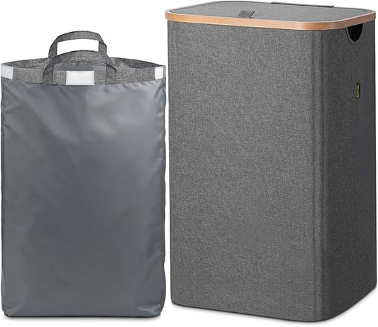BALEINE Laundry Hamper with Lid, Tall Laundry Baskets with Bamboo Pull Handles, Large Laundry Bin with Internal Support (18 Gal/70L, Grey)
