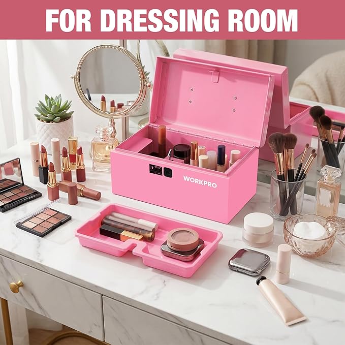 WORKPRO 10.8" Portable Mini Metal Tool Box with Removable Color-Matching Tray, One-Button Latch Toolbox, Steel Tool Chest with PP Handle, Compact Storage Organizer for Home, Office or Workshop
