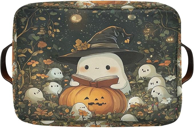xigua Cute Ghost Wearing Witch Hat Storage Basket Foldable Storage Bin, Canvas Rectangular Storage Basket with Leather Handles for Home Closet & Office Decoration