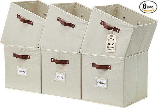 DECOMOMO Storage Bins, Cube Storage Bin with Labels, Fabric Storage Cubes for Shelves (10.5" x 11" / 6pcs, Beige)
