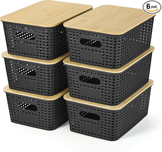 Ohmlove Plastic Storage Baskets With Bamboo Lid - Plastic Storage Containers Stackable Storage bins: Storage Baskets for Organizing Shelves Drawers Desktop Closet Playroom Classroom Office, 6 Pack