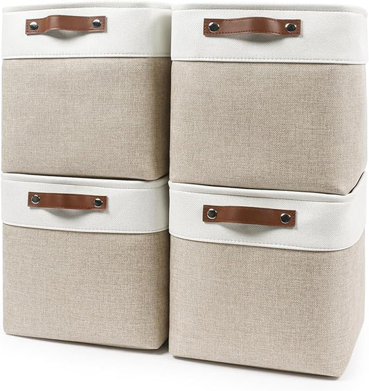 Bagnizer Collapsible Fabric Storage Cubes 11x11 Cube Storage Bins, 4 Pack Closet Baskets Box with Handles for Organizing, Shelf, Toys, Clothes, Home, Office, Nursery (Beige&White)
