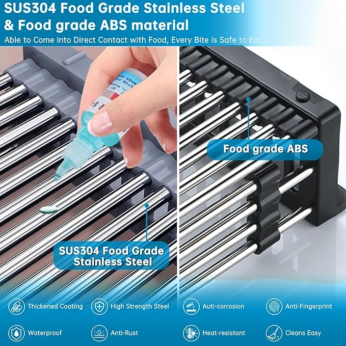 Over The Sink Dish Drying Rack, Stainless Steel Expandable Telescopic Drain Basket with Adjustable Arms - Functional Kitchen Sink Organizer for Dishes, Vegetables & Fruits (Large, Black)