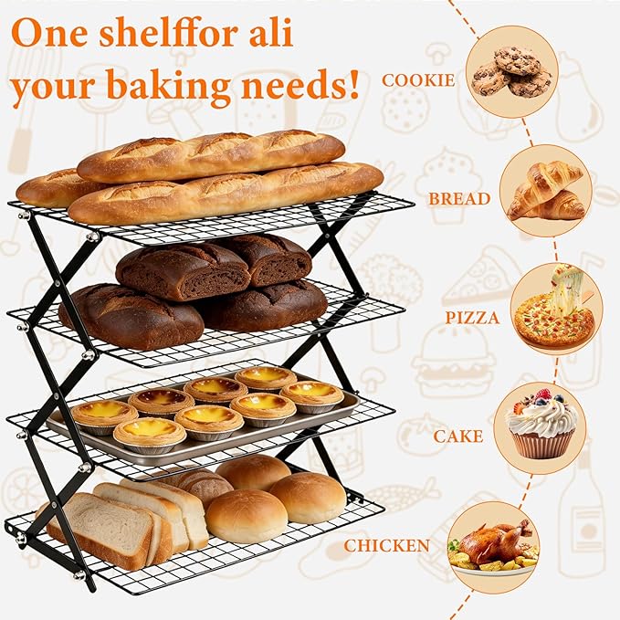 4 Tier Collapsible Cooling Rack，3 Setting Design, Adjustable ＆ Stackable Baking Rack, for Baking, Cookies, Bread, Gifts for Baking Must Haves