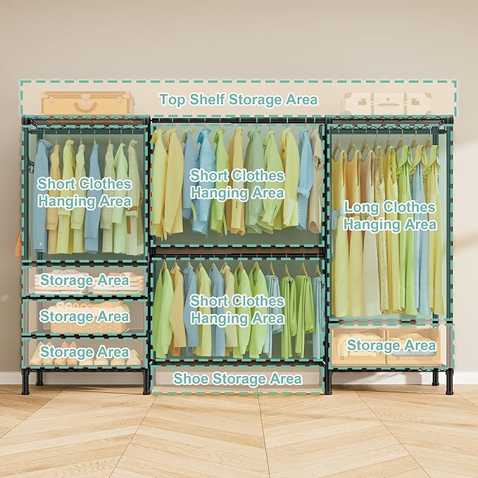 SEMHOR E06 Expandable Heavy Duty Clothes Rack for Reach-in Closet, Freestanding Clothing Racks with Shelves, Carbon Steel Closet Organizer System Adjustable from 70.8-93.9", Max Load 800LBS, Black