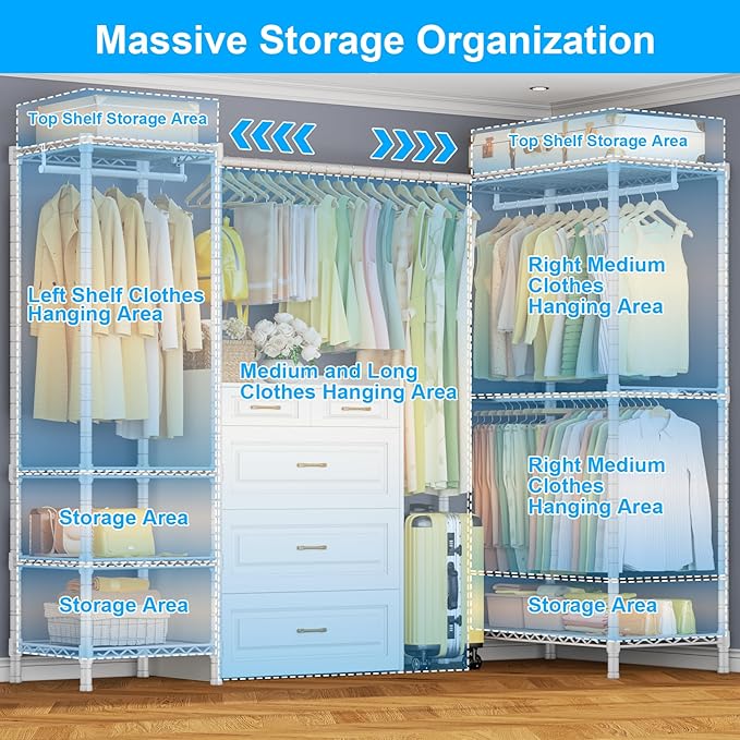 ULIFHOME E10L L-Shaped Clothes Rack for Corner（With Expandable Hanger Rod）Heavy Duty Freestanding Clothing Racks for Hanging Clothes，Portable Garment Rack 58-82"W x 30"D x 72"H，Max Load 900LBS, White