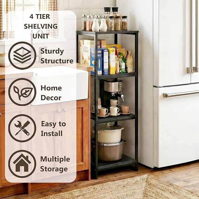 4-Tier Bathroom Shelving Unit, 33.7" H Narrow Open Floor Shelves, Metal Corner Slim Storage Rack for Bathroom Laundry Room Kitchen Living Room, Black