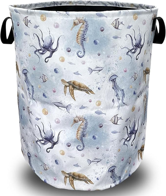 Colorful Octopus Seahorse Laundry Basket Foldable With Handles Tote Bag Oxford Cloth Funny Laundry Hamper Clothes Storage Bucket Toy Organizer 18.9" x 16.5" For Bathroom/Laundry/Bedroom