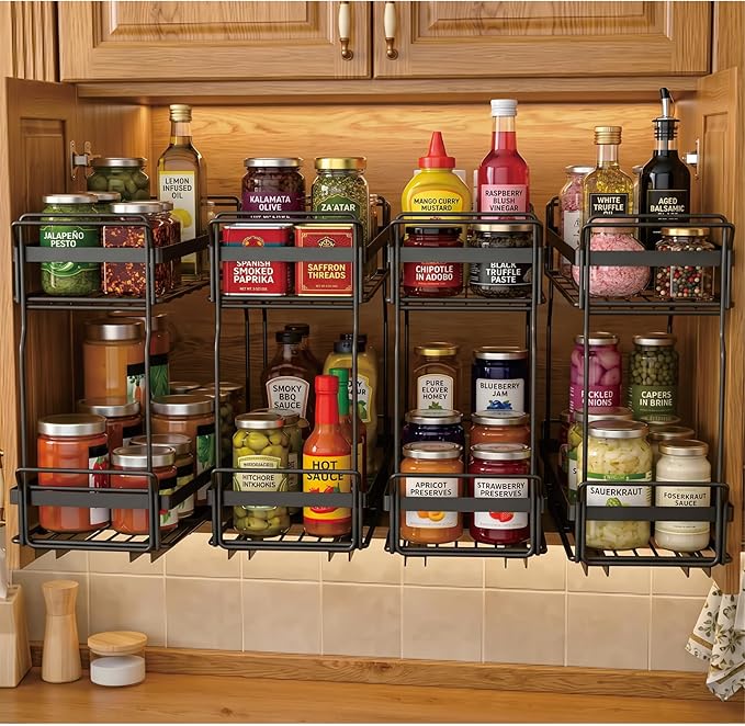 Pull Out Spice Rack Organizer for Inside Kitchen Cabinets, Heavy Duty Slide Out Seasoning Kitchen Organizer, 2 Tier Vertical Sliding Seasoning Organizer, 10.5" D x 5.1" W x 9.6" H -2 Pack (2)