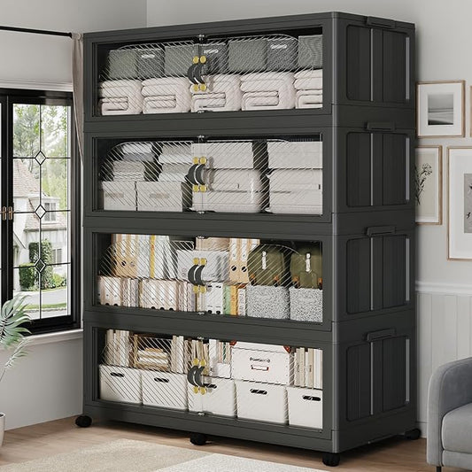 240Gal/960QT 4-Tiers Extra Large Stackable Storage Bins with Lid, Collapsible Cabinet Closet Organizer Plastic Container Box with Wheels Doors Drawers for Office Dorm Kitchen Office, Black
