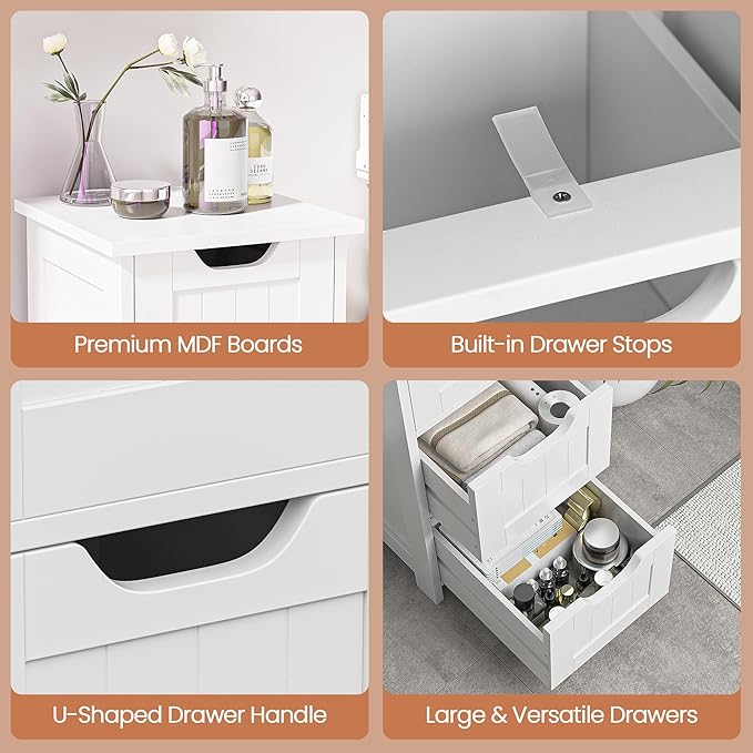 SUPER DEAL Small Bathroom Storage Cabinet with 4 Drawers, Freestanding Narrow Wooden Side Storage Organizer for Bathroom Hallway Living Room, White