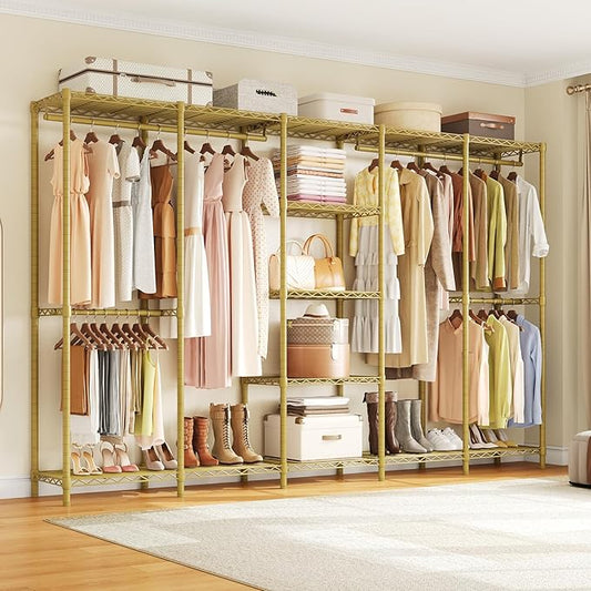 ONBRILL F5 Extra Large Industrial Pipe Clothing Rack, Freestanding Portable Closet Organizer System with Shelves & Hanging Rods, 88.6'' Wide Heavt Duty Clothes Rack, Max Load 1300lbs, Gold