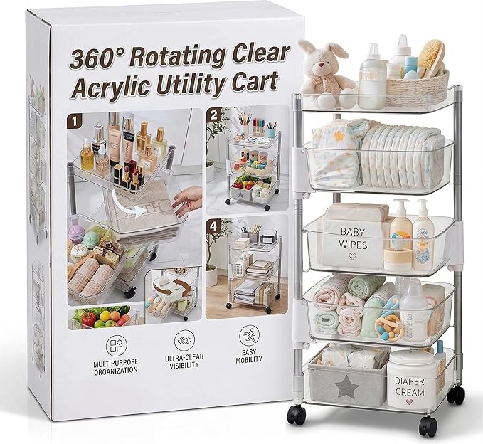 OnDisplay 360° Rotating Clear Storage Trolley – Multi-Tier Rolling Acrylic Utility Cart for Vanity, Craft Room, Pantry, Office & Bathroom – Mobile Multipurpose Organizer Rack for Makeup, Kitchen,