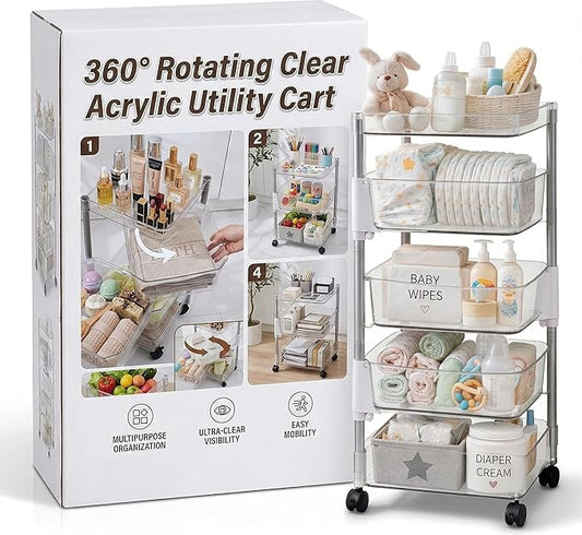 OnDisplay 360° Rotating Clear Storage Trolley – Multi-Tier Rolling Acrylic Utility Cart for Vanity, Craft Room, Pantry, Office & Bathroom – Mobile Multipurpose Organizer Rack for Makeup, Kitchen,